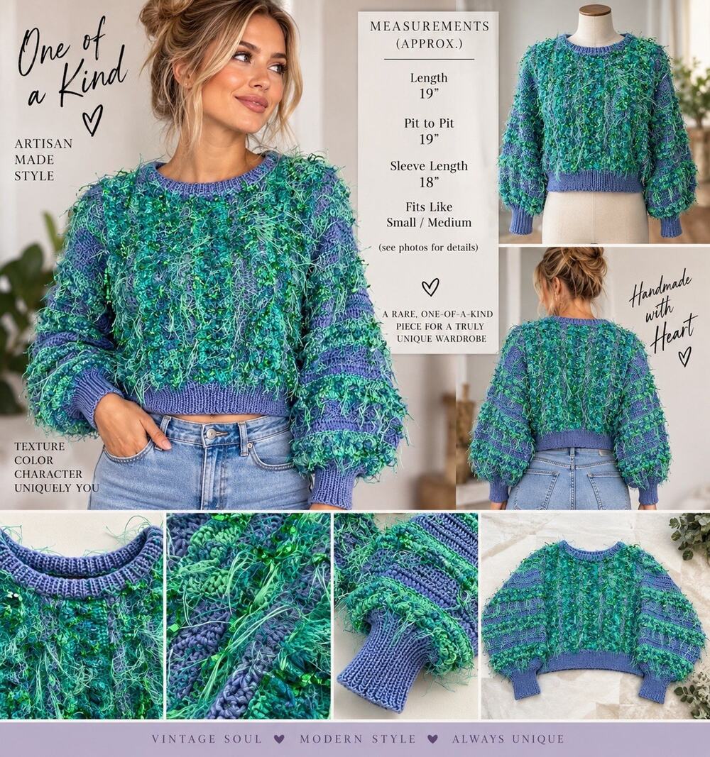 Handmade Cropped Sweater Women's Green Purple Shaggy Art Yarn Boho Knit